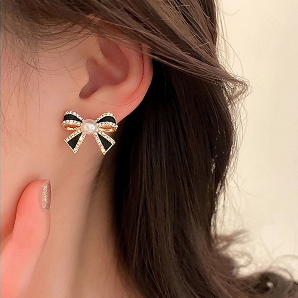 Black Bow Earrings, Rhinestone Bow Earrings, Black Bow and Faux Pearl Earrings